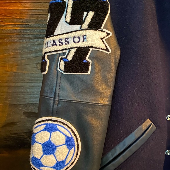 Navy Blue Base w Gray Leather sleeves LF Letterman Jacket - Picture 5 of 5